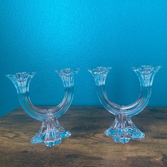 Pair of Clear Glass Art Deco Style Candelabra Candlestick Holders - Picture 6 of 10